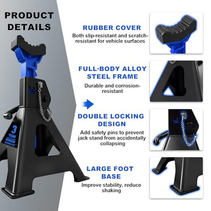 3 Ton (6,600 LBs) Jack Stands with Double Pin Locking,Rubber Cover and Large Foot Base,11"-17" Adjustable Height,Heavy Duty Car Jack Stands,Lifting SUV,MPV,Pickup Truck,ATV/UTV,1 Pair,Blue - color: blue-standard, size: 3ton Load Capacity