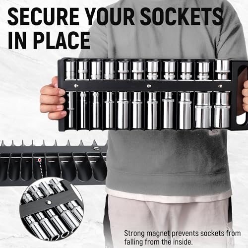 Reniteco Magnetic Socket Organizer Set, 3-Pack, 1/4" 3/8" 1/2" Socket Tray | 76-Socket Capacity, 1/4" 22 Pallets, 3/8" 28 Pallets, 1/2" 26 Pallets, Fits Shallow & Deep Sockets, Sockets Not Included - color: Black
