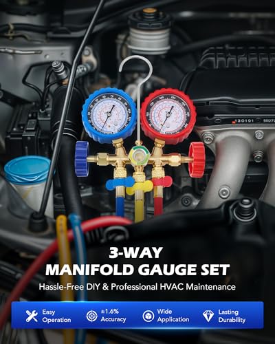 OMT AC Gauge Set for R134a, R12, R22, and R502, 5 ft Hoses | Includes R134a Couplers Self-Sealing & Piercing Can Taps 29° Adapter; Solid Brass Build; Ideal for Auto Freon Recharge - size: R134a R22 R12 R502