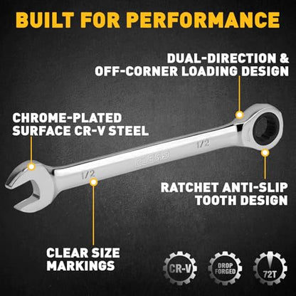 ELEAD 24-Piece Ratcheting Wrench Set, Metric 6-18mm & SAE 1/4"-3/4", 12-Point 72-Tooth CR-V Steel Combination Wrenches with Tool Roll Bag and Magnetic Wrench Organizer for Automotive Repair - color: 24-piece Ratchet Yellow&black
