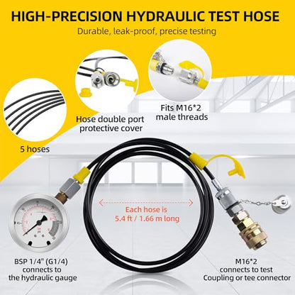 Hydraulic Pressure Test Kit with 5 Gauges(Max 10000 PSI), 13 Test Couplings 14 Tee Connectors 5 Test Hoses, Hydraulic Gauge Tester Set for Excavator, Construction, Machinery, and Mine - style: 5 Gauge Test Kit