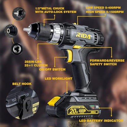 RIDA 20V Cordless Power Drill Set 1/2'' Keyless Metal Chuck 355 In-lb DIY | 2.0AH Battery, Fast Charger, 0-1500 rpm, Variable Speed, 25+1 Position, 22pcs Bits, Home Repairs