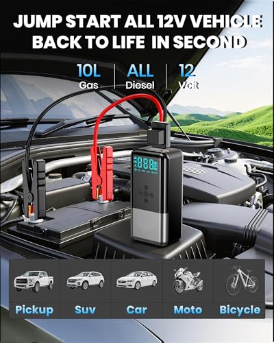 Jump Starter with Air Compressor 8000A 160PSI Battery Jumper Starter(10L Gas/All Diesel) Jump Box Car Battery with Auto-Shutoff Tire Inflator, Jumper Cables and Flashlight | (Up To10L Gas/All Diesel) Car Battery With Auto-Shutoff Tire Inflator, Jumper Cab