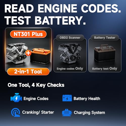 FOXWELL NT301 Plus 2-in-1 OBD2 Scanner & 12V Car Battery Tester | Check Engine Code Reader, Live Data, Test Battery Health/Starter/Charging System, Diagnostic Tool for 1996+ OBDII Vehicle