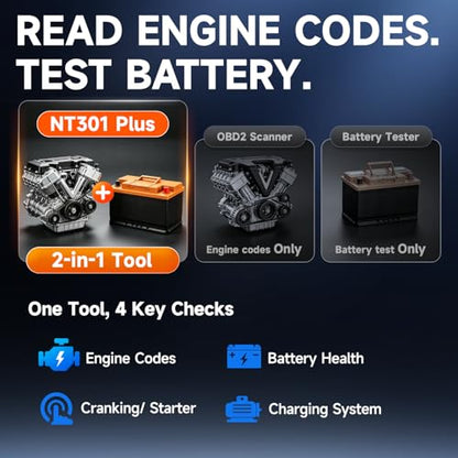 FOXWELL NT301 Plus 2-in-1 OBD2 Scanner & 12V Car Battery Tester | Check Engine Code Reader, Live Data, Test Battery Health/Starter/Charging System, Diagnostic Tool for 1996+ OBDII Vehicle