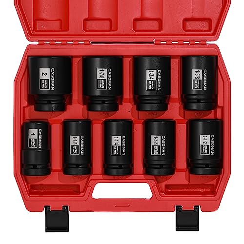 CASOMAN 1-Inch Drive Spindle Axle Nut Impact Socket Set, Deep, 1" to 2", 9PCS Impact Large Socket Set, 6-Point, SAE, CR-MO - size: 9 pcs (25.4 mm - 50.8 mm), style: Deep