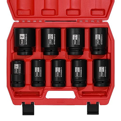 CASOMAN 1-Inch Drive Spindle Axle Nut Impact Socket Set, Deep, 1" to 2", 9PCS Impact Large Socket Set, 6-Point, SAE, CR-MO - size: 9 pcs (25.4 mm - 50.8 mm), style: Deep
