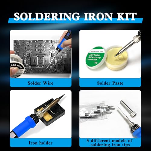 908D Blue 80W Adjustable Temperature Soldering Iron Kit, Heat Resistant Anti-Slip Handle, Includes 5 Soldering Tips, Solder Wire, Stand, Flux, Solder Pen/Hot Pen for DIY & Repair - color: Blue