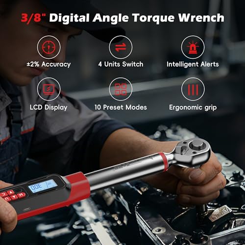 3/8" Drive Digital Angle Torque Wrench 2-44 Ft.lb (3-60 N.m), Angle Measurement 0.1° with LED Display & Buzzer, for DIY Auto Car Motorcycle Repair & Engineering - size: Angle 3/8" 3-60N.m/2-44Ft.lb
