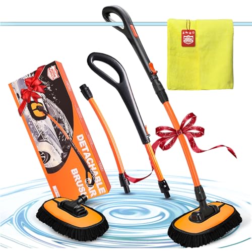 Car Wash Brush with Long Handle, Chenille Microfiber Car Wash Mop Kit, Scratch Free Car Cleaning Supplies with Ergonomic 15掳 Curved Extension Pole for RV Truck Boat Windshield - Orange - color: Orange