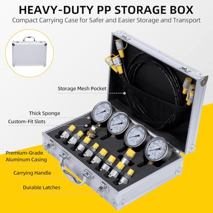 Hydraulic Pressure Test Kit with 4 Gauges (Max 10,000 PSI), 10 Test Couplings, 3 Test Hoses, Hydraulic Gauge Tester Set for Excavators, Construction Machinery, and Mining. - style: 4 Gauge Test Kit