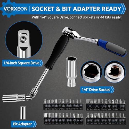 82-Piece 1/4" Drive Sockets with 72-Tooth Ratchet Wrench Set, Metric Shallow and Deep Sockets 4-14mm, 44 Bits, Flex Extension, Universal Joint, Storage Case - size: 82-PCS 1/4" Socket Ratchet Wrench Set