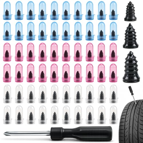 TEAWOO 60 PCS Tire Repair Rubber with 1 Screwdriver, Quick Tire Repair Screws in Tire Plugs Kit, Specially Designed for Motorcycle Truck Tractor and Car Tire Repair Kit(3 Sizes)