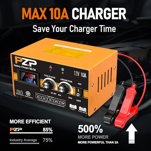 PZP 12V Manual Battery Charger Maintainer, 0 to 10A Arbitrarily Adjustable Car Battery Trickle Charger, Battery Desulfator with Repair, Winter Mode, Suitable for Lawn Mower, AGM, Deep Cycle Batteries - color: Tangerine