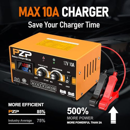PZP 12V Manual Battery Charger Maintainer, 0 to 10A Arbitrarily Adjustable Car Battery Trickle Charger, Battery Desulfator with Repair, Winter Mode, Suitable for Lawn Mower, AGM, Deep Cycle Batteries - color: Tangerine