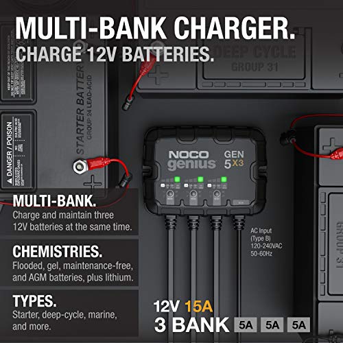 NOCO Genius GEN5X3: 3-Bank, 15A Onboard Battery Charger - 5A Per Bank, 12V Waterproof Marine Charger with Overcharge Protection & Temperature Compensation – for Lead-Acid & Lithium Batteries - size: 15A (5A per Bank)