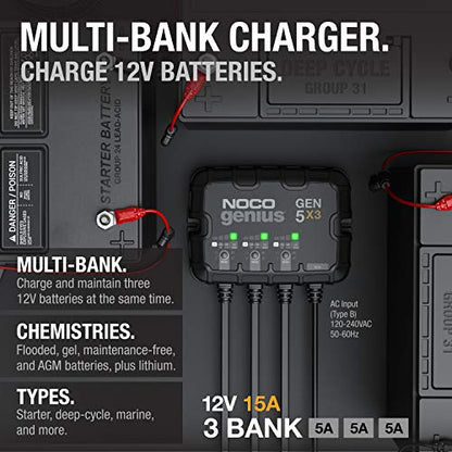 NOCO Genius GEN5X3: 3-Bank,15A Onboard Battery Charger - 5A Per Bank,12V Waterproof Marine Charger with Overcharge Protection&Temperature Compensation–for Lead-Acid&Lithium Batteries(Pack of 2) - size: 15A (5A per Bank) (Pack of 2)