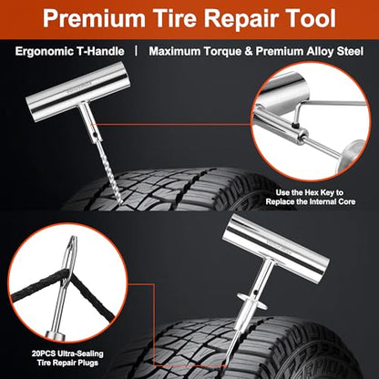 ValueMax Tire Repair Kit, 38PCS Universal Heavy Duty Car Tool Kit for Fix Punctures, Tire Plug Tools for Cars, Motorcycles, ATV, SUV, RV, Tractors, Trucks, etc.