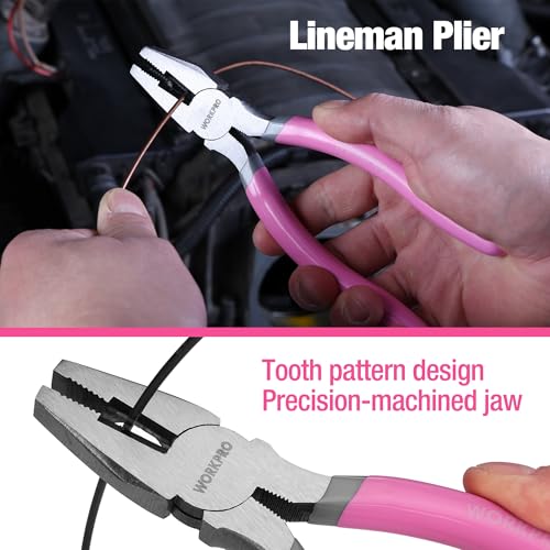 WORKPRO 7-Piece Pliers Set - Pink Ribbon | Groove Joint Plier, Long Nose Plier, Slip Joint Pliers, Linesman Pliers, Diagonal Pliers for DIY & Home Use - color: Gray, Pink