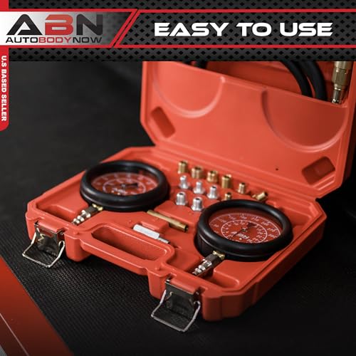 ABN Engine Oil Pressure Tester Tool Kit – Professional Oil Pressure Gauge Kit up to 400 PSI, High and Low Pressure Gauge Kit for Engine Diagnostic, Engine Oil Pressure Tool Kit | Engine Oil & Transmission Gauge Kit, Dual Gauges 0-100 & 0-400 PSI, 14 Adapt