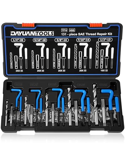 DAYUAN SAE Helicoil Thread Repair Kit, 131-Piece HSS Drill Heli Coil Repair Kit | 1/4"-1/2" SAE Sizes，135° Split-Point HSS Drill Bits，Automobile Rethreading Restorer Tool，Fits Steel, Aluminum & Cast Iron - size: Black -131Pcs-SAE