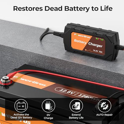 12V 10A Lithium Battery Charger, PowerUrus 12V 10A LiFePO4 Battery Charger, Samrt 12V Lithium Battery Chargers, 10A Trickle Battery Chargers, 12v Battery Maintainer for Deep Cycle Battery of Boat, RV