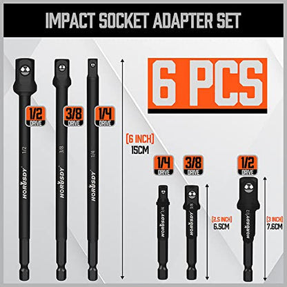 HORUSDY 6-Piece Impact Sockets Adapter Sets, 3-Inch and 6-Inch Hex Shank 1/4" 3/8" 1/2" - style: 6-PCS 3" & 6" Adapters