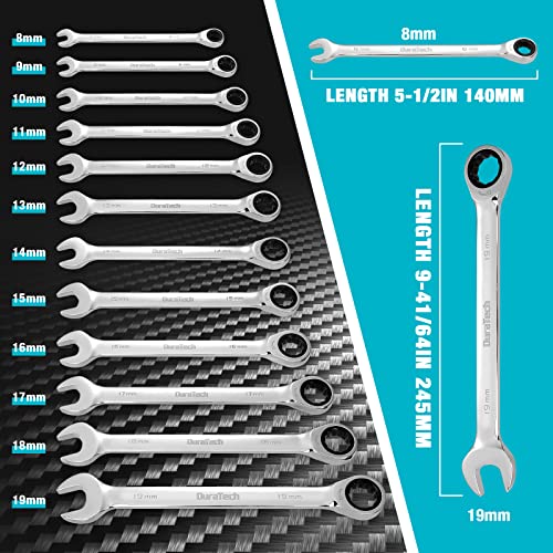 DURATECH 12-Piece Ratcheting Combination Wrench Set, Metric, 8-19mm | 72-Tooth, CR-V Steel, Organized in Storage Case