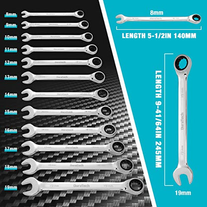 DURATECH 12-Piece Ratcheting Combination Wrench Set, Metric, 8-19mm | 72-Tooth, CR-V Steel, Organized in Storage Case
