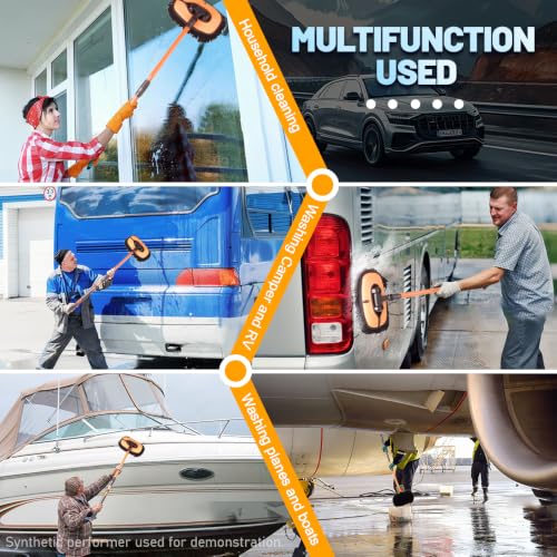 Car Wash Brush with Long Handle, Chenille Microfiber Car Wash Mop Kit, Scratch Free Car Cleaning Supplies with Ergonomic 15掳 Curved Extension Pole for RV Truck Boat Windshield - Orange - color: Orange
