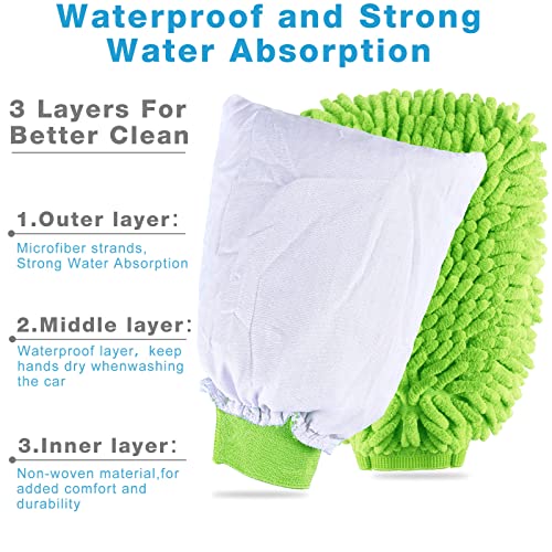 Riakrum 12Pcs Car Wash Mitts - Chenille Microfiber Wash Mitts for Car Washing,Scratch Free,Reusable Waterproof Gloves for Cars, Trucks and Boats 7.5'' x 10.2''