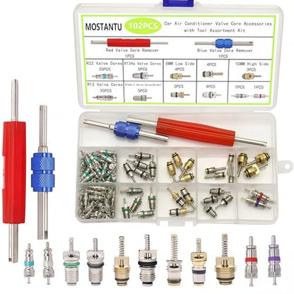 102Pcs Air Conditioning Valve Core Accessories Kit, Includes 100Pcs R12 R134a Valve Core Refrigeration Tire Valve Stem Cores with 2Pcs Remover Tool for Most Cars