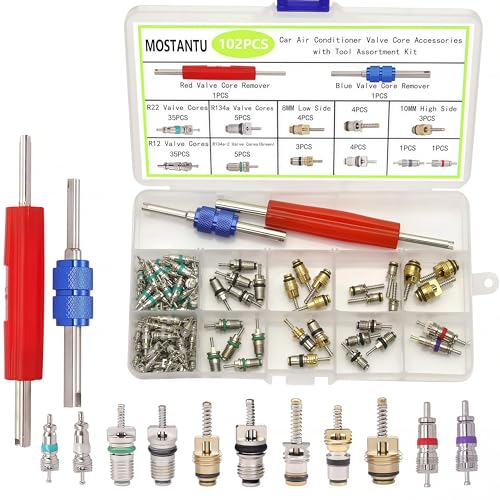 102Pcs Air Conditioning Valve Core Accessories Kit, Includes 100Pcs R12 R134a Valve Core Refrigeration Tire Valve Stem Cores with 2Pcs Remover Tool for Most Cars
