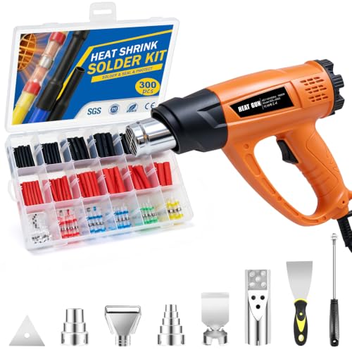 300PCS Waterproof Solder Seal Wire Connectors & 3:1 Heat Shrink Tubing with 1800W Heat Gun Kit 122℉~1202℉ Variable Temp 1.5S Fast Heating Overheat Protection for Auto Marine & Wiring Repair 10-26 AWG - size: 300pcs