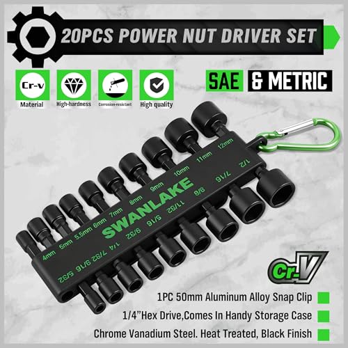 SWANLAKE 20PCS Power Nut Driver Set for Impact Drill, 1/4” Hex Head Drill Bit Set SAE and Metric - style: 20PCS Standard Version