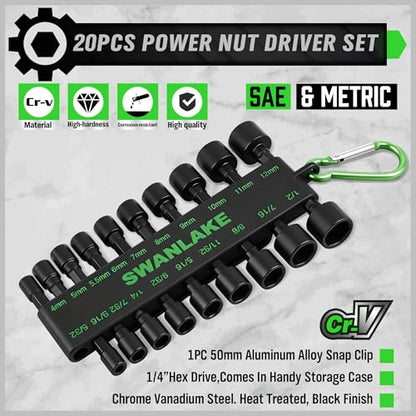 SWANLAKE 20PCS Power Nut Driver Set for Impact Drill, 1/4” Hex Head Drill Bit Set SAE and Metric - style: 20PCS Standard Version