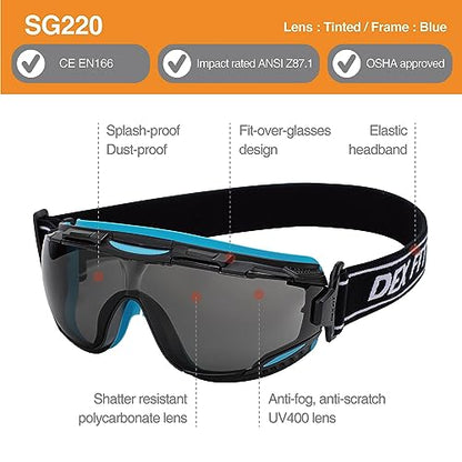 DEX FIT Safety Goggles SG220, Wide-Vision Lab & Chemical Splash Eye Protection, Anti-Fog & Scratch Resistant, Soft Seal, Z87.1 Approved; Black/Blue, Smoke Tinted Lens, 30mm Strap, 1 PC - color: Black/Blue - Smoke - 30mm