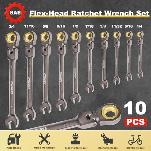 Egofine Flex Head Ratcheting Wrench Set 10 Piece, SAE Wrench Set, CR-V Steel 1/4” to 3/4” Wrench, 72-Teeth Combination wrench set, Nickel Plating Ratchet Wrenches Set with Tool Roll Bag - style: SAE-10 piece set