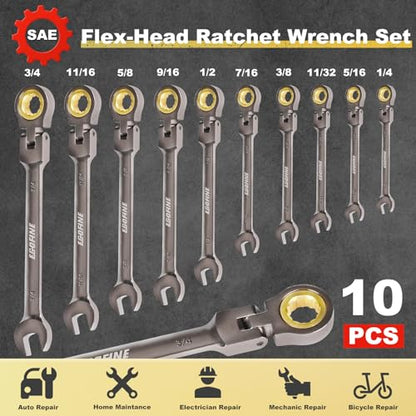 Egofine Flex Head Ratcheting Wrench Set 10 Piece, SAE Wrench Set, CR-V Steel 1/4” to 3/4” Wrench, 72-Teeth Combination wrench set, Nickel Plating Ratchet Wrenches Set with Tool Roll Bag - style: SAE-10 piece set