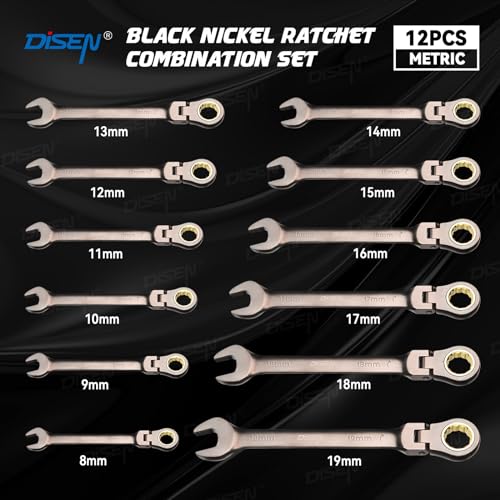DISEN 12 Pcs Flex Head Ratcheting Wrench Set 90 Teeth, Metric Combination Ratchet Wrenches Set 8-19MM, Nickel Plating Cr-VSteel with Organizer Rack