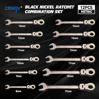 DISEN 12 Pcs Flex Head Ratcheting Wrench Set 90 Teeth, Metric Combination Ratchet Wrenches Set 8-19MM, Nickel Plating Cr-VSteel with Organizer Rack