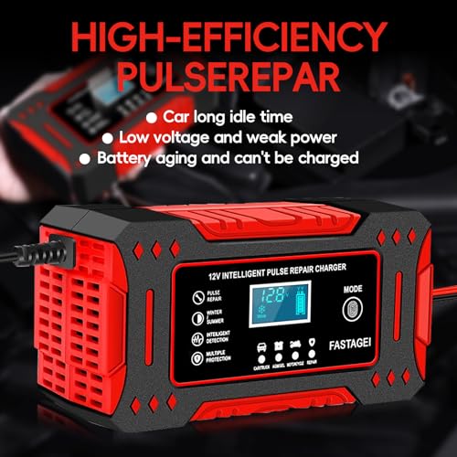 6-Amp Battery Charger, 12V 6A Lead Acid Portable Car Battery Charger 4-Stage Trickle Charger Smart Battery Maintainer w/Temp Compensation for Car Truck Lawn Mower Boat Marine