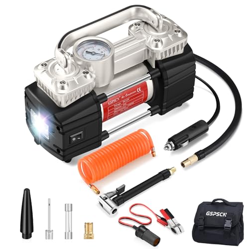 GSPSCN Heavy Duty Tire Inflator 12V Portable Air Compressor Pump 150PSI | 6X Faster Inflation Dual Cylinder Metal Air Pump with Led Light for Car, RV,Pickup Truck, SUV, Van,Camper, Air Bed,Balls - color: Silver