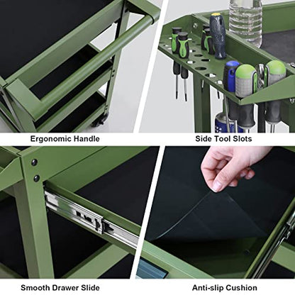 GSTANDARD APTB311G Torin 3 Layers Utility Cart: Rolling Tool Cart with Lockable Wheels and Multifunction Service Cart for Home, Garage, Kitchen, Office or Cafe, Green - color: Green, style: 3 Shelves with Drawer