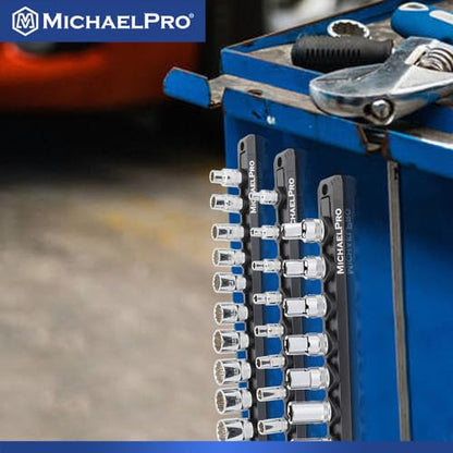 MichaelPro 3-Piece Quick Lock Magnetic Socket Organizer Rail Set- 1/4-inch, 3/8-Inch, and 1/2-Inch Drive Tool Socket Organizers, Hold 36 Sockets, Heavy Duty Aluminum Magnetic Socket Storage | MP014040 - style: Magnetic with Lock Function