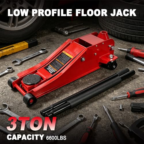 Jack Boss 3 Ton Floor Jack, 6600LBS Capacity Hydraulic Jack, Lifting Range 3-1/8" Min to 20" Max Car Jack, Low Profile Portable Jack with Dual Pumps, Quick Lift and Slow Descent Design Red