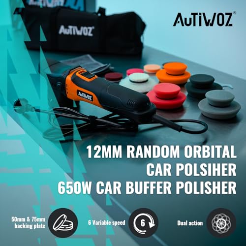 AUTIWOZ Carbon Fiber Mini Car Buffer Polisher, 630W Copper Motor 12mm Orbit, 2&3Inch Dual Action Polisher for Car Detailing, 2500-7000RPM with Soft Start, 3M Corded Auto Electric Polishing Machine - size: k2