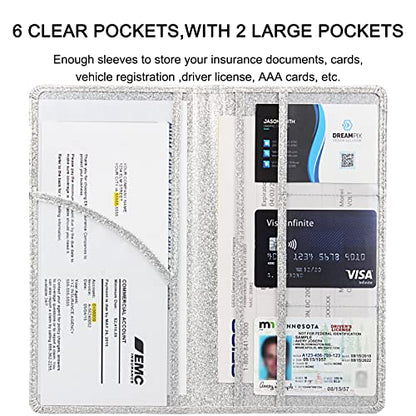 Car Registration and Insurance Holder, Premium Leather Insurance and Registration Holder,vehicle Glove Box Car Organizer, with Magnetic Shut for Cards, Driver License (Glitter Silver) - color: 04-Glitter Silver