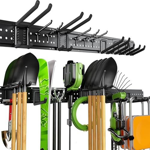 Garage Tool Organizer Wall Mount, 49.5 Inch Heavy Duty Garage Organization System with 10 Adjustable Hooks, Garden Tool Storage Rack for Garage, Yard & Shed, Holds Up to 400 lbs - size: 49.5" | 3 Panels + 10 Hooks