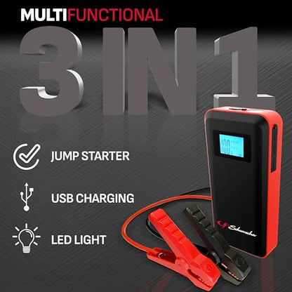 Schumacher Electric 1000 Peak Amp 12V Portable Lithium Car Battery Jump Starter & Power Pack - Lithium Ion Jump Box - with USB Charging & LED Emergency Light - SL1639